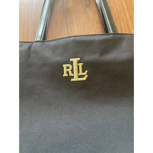 Lauren Ralph Lauren Black Tote Handbag Black Gold Embroidered Logo Lg Designer - Picture 2 of 11
